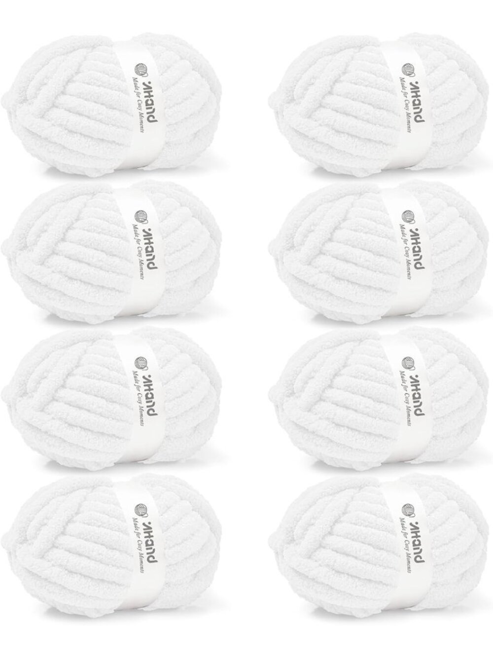 Soft Chunky Chenille Yarn for Knitting & Crocheting - 8 Pack, Snow White